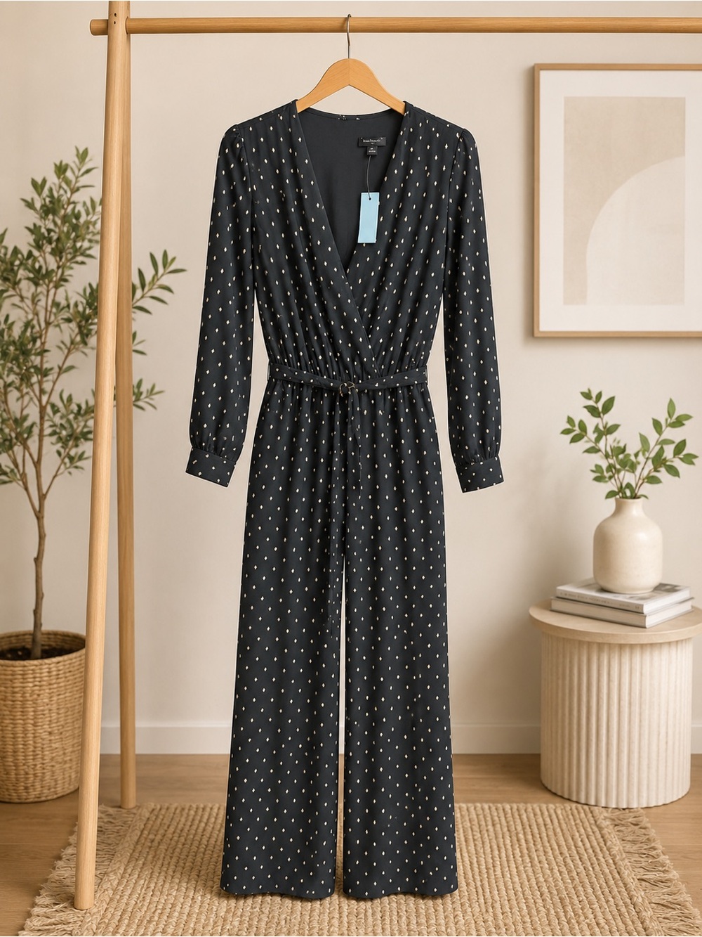 Ann Taylor Navy Polka Dot Wrap Jumpsuit with Self-Tie Waist
